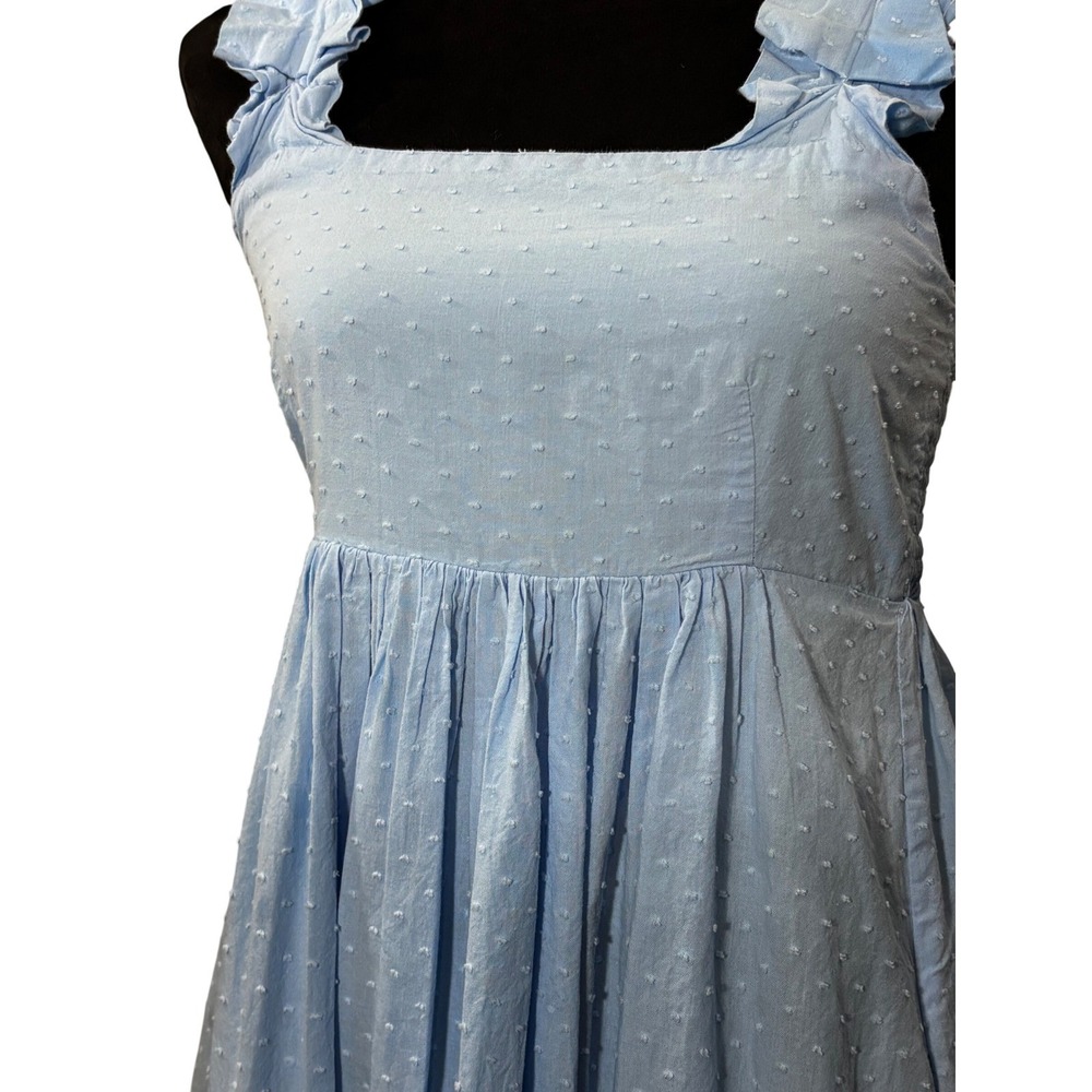 LAKE  Light Blue Swiss Dot Smocked Midi Dress Ruffle Strap‎ Square Neck - Picture 8 of 16